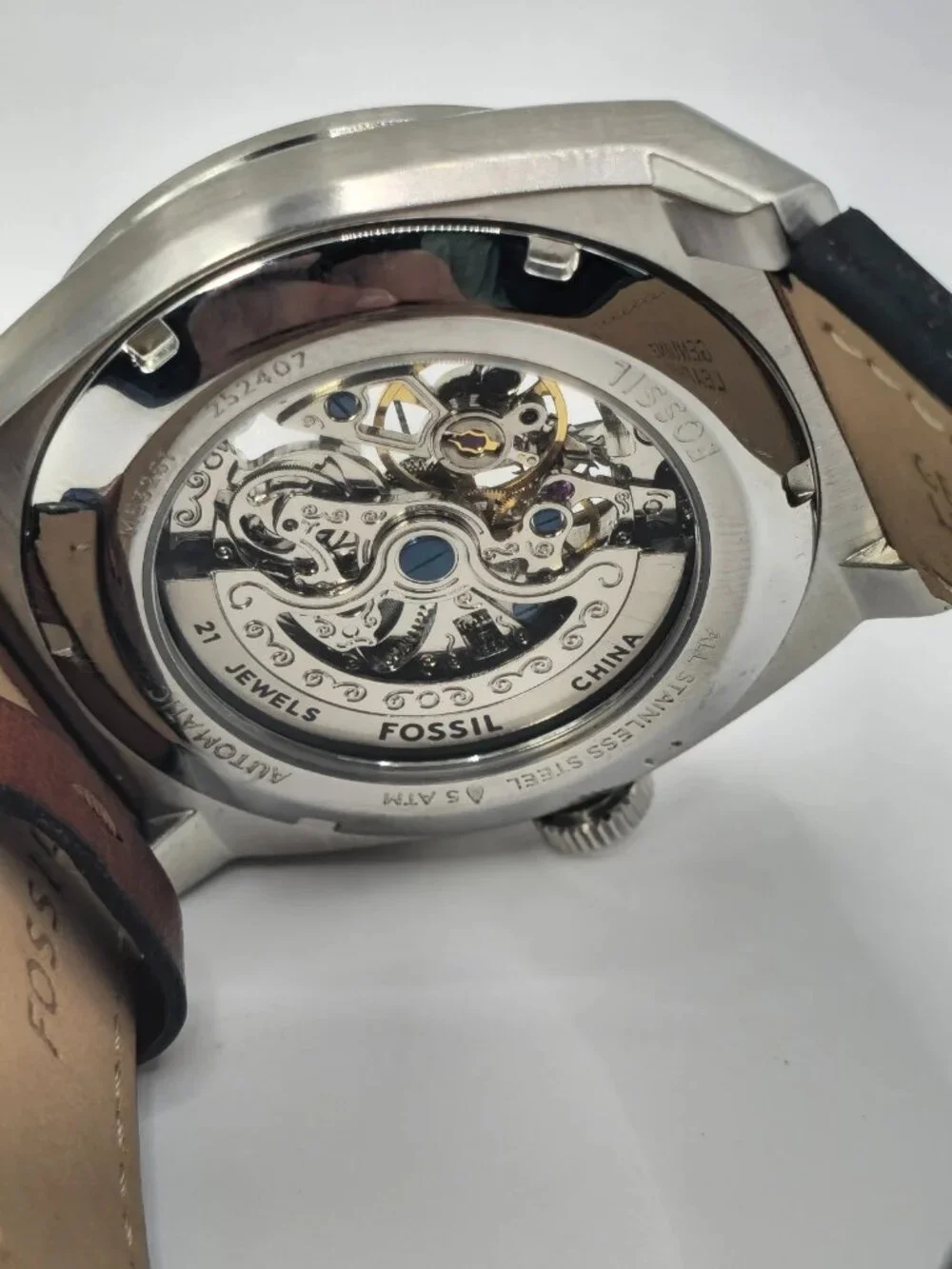 Fossil Everett Men's Automatic Green Skeleton Dial Brown Leather Watch ME3261